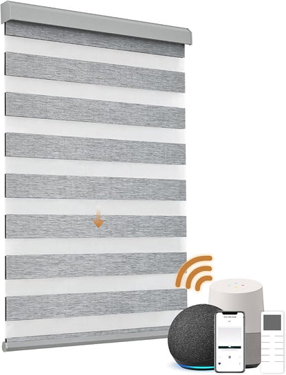 Cordless Motorized Zebra Blinds for Windows Blackout with Remote, Custom Dual Layer Smart Zebra Shades Work with Alexa Google, Automatic Electric Light Filtering Roller Sheer Shades, Grey