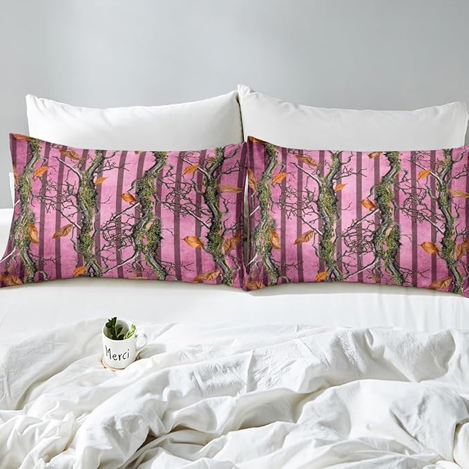 Camoflage Kids Fitted Sheet Full Size,Hunter Cabin Tree Branches Botanical Leaves Rustic Bedding Set,Girls Women Room Decor,Geometric Stripes Bed Cover,Pink Bed Sheet,2 Pillowcases(No Top Sheet)