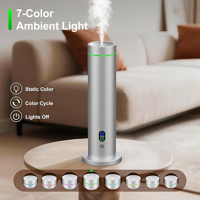 Maromalife Waterless Diffuser, 1000 Sq.Ft Coverage, Essential Oil Diffuser with Tilt-Safe, Remote Control, Adjustable Mist, Mood Lights Aromatherapy Diffuser for Home, Room, Office, Hotel, Metallic