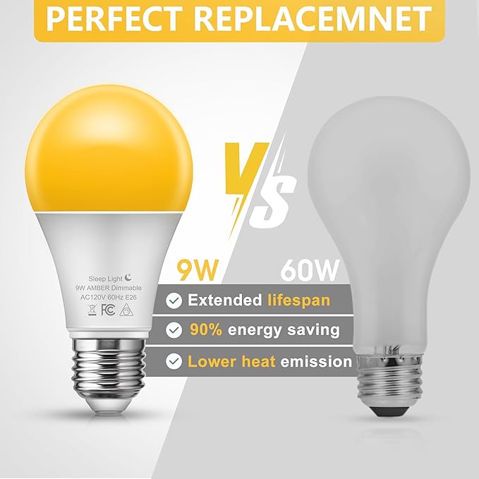 Briignite Amber Light Bulb - Dimmable Soft Warm Light Bulbs 9W A19 E26 Base Night Light Bulb, No Blue Lights, Ideal for Sleep, Bedroom, Nursery, Lamp, 2 Pack