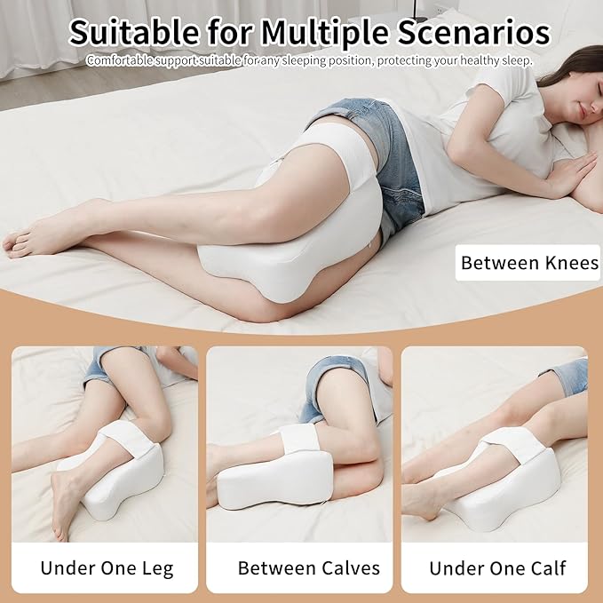 Pregnancy Knee Pillow for Side Sleepers with Strap, Memory Foam Leg Pillow for Sciatica Pain Relief, Hip & Back Support, Alignment Cushion for Pregnant Women, Post Surgery Leg Elevation (White)