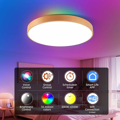 HOREVO Smart Flush Mount Ceiling Light with Remote - Alexa/Google Home Compatible, Dimmable RGB Color Changing (2700K-6000K), 12" Modern Minimalist wood ceiling light for Bedroom/Living Room/Kids Room