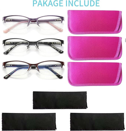 3 Pack Reading Glasses for Women Blue Light Blocking, Metal Oval Half Frame Womens Readers Glass with Spring Hinge, Anti Blue Ray Reduce Eye Strain Glare Headache(275 Magnification Strength)