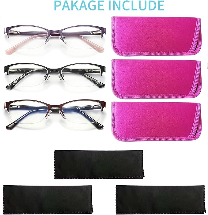 Blue Light Blocking Reading Glasses for Women - 3 Pack with Metal Oval Frame, Spring Hinge, Anti Blue Ray - 225 Magnification Strength