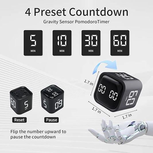 Productivity Timer Flip Gravity Sensor Cube Timer Countdown & Countup,Mute & Vibrate & Sound，5/10/30/60min & Custom Timing, Perfect for ADHD,Work,Learning,Kitchen Cooking (1Black)