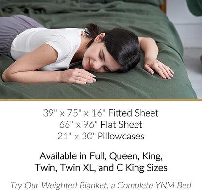 YnM French Linen Sheet Set - 3-Piece Set Includes Flat Sheet, Fitted Sheet, and 1 Pillowcases – Twin, Army Green