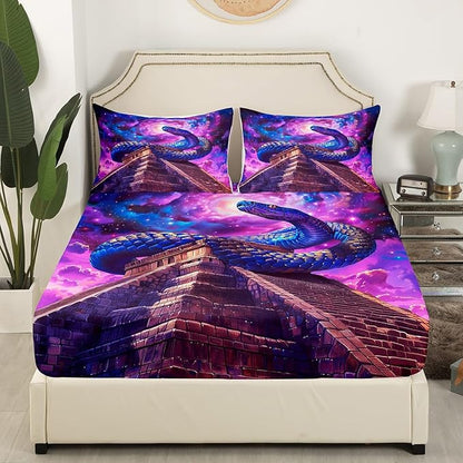 Snake Western Fitted Sheet Twin Size,Starry Sky Galaxy Nebula Dreamy Bedding Set,Boys Girls Room Decor,Noble Reptile Animal Egypt Vintage Bed Cover,Purple Romantic Bed Sheet,1 Pillowcase