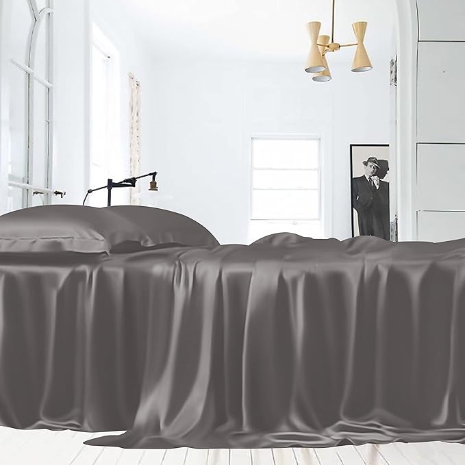 LINENWALAS Queen Flat Sheet Only - Rayon Derived from Bamboo Silk Bed Sheet, Premium Breathable Cooling Sheet, Soft Top Sheet (Queen, Light Grey)