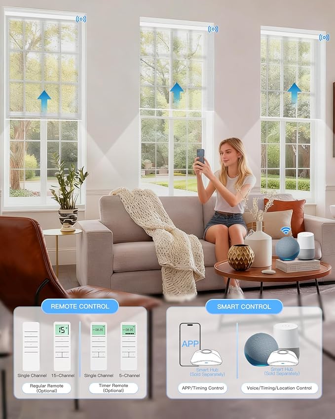 Motorized Sheer Roller Shades with Remote Control, Light Filtering Smart Blinds for Windows Work Alexa Google via Hub, Rechargeable Electric Window Shade Customized Size (Sheer White)