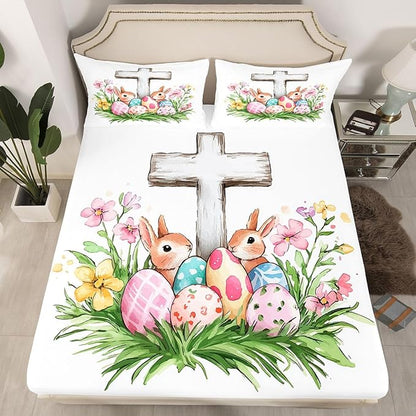 Cute Rabbit Fitted Sheet Full Size Happy Easter Cartoon Animal Bedding Set for Kids Bedroom Easter Egg Spring Flowers Bed Sheet Set 3pcs White Colorful Deep Pocket Mattress Cover,No Top Flat