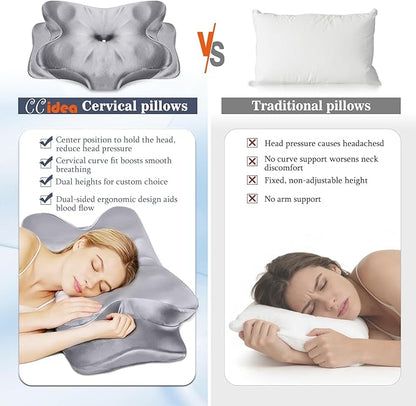 CCidea Cervical Neck Support Pillow, Ergonomic 50D Memory Foam Pillows for Neck Pain Relief, Breathable Pillowcase, US Patent Adjustable Contour Support for Side Back Stomach Sleepers, Odorless