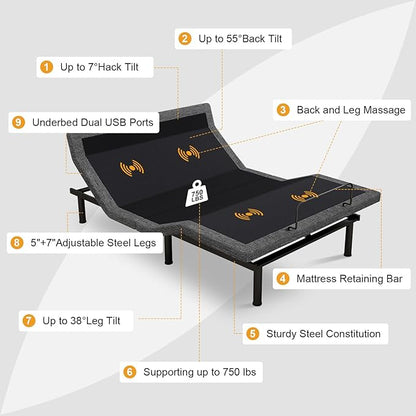 MUUEGM Adjustable Bed Base Frame with 12” Gel Memory Foam Mattress, Remote Control Bed Bases with Head-Pillow-tilt, USB, Massage, Zero Gravity, Anti-Snore, Queen