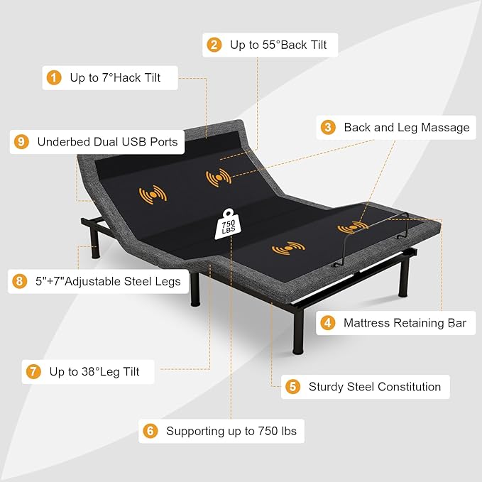 MUUEGM Adjustable Bed Base Frame, Ergonomic Electric Bed Bases with Wireless Remote Control and Head-Pillow-tilt, USB A&C, Massage, Zero Gravity, Anti-Snore, Queen