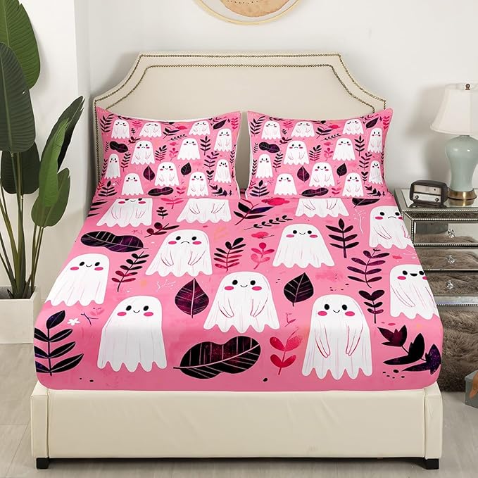 Cute Ghosts Fitted Sheet,Full Size Happy Halloween Ghost Kawaii Pink Collections,Rustic Farmhouse Botanical Leaves Natural Bedding Deep Pocket for Children Teens Young with 2 Pillowcases