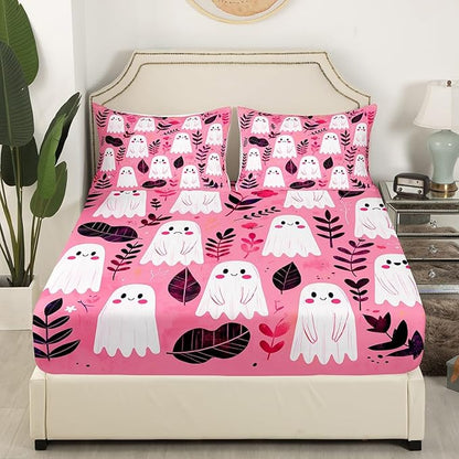 Cute Ghosts Fitted Sheet,Full Size Happy Halloween Ghost Kawaii Pink Collections,Rustic Farmhouse Botanical Leaves Natural Bedding Deep Pocket for Children Teens Young with 2 Pillowcases
