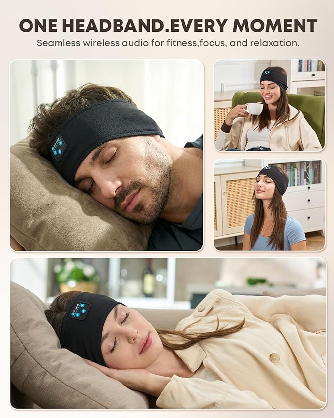 Sleep Headphones Bluetooth 5.4 Headband, Wireless Sleep Headphones with Built-in HD Stereo Speakers for Side Sleepers, Sweatproof Sports Headband for Workout Running Cool Gadget Unique Gifts for Men