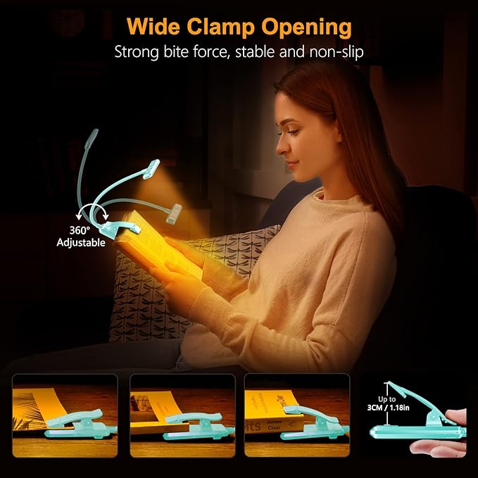 Gritin 19 LED Rechargeable Book Light for Reading in Bed with Memory Function- Eye Caring 3 Color Temperatures,Stepless Dimming Brightness,90 Hrs Runtime Clip on Light for Book Lovers-Blue