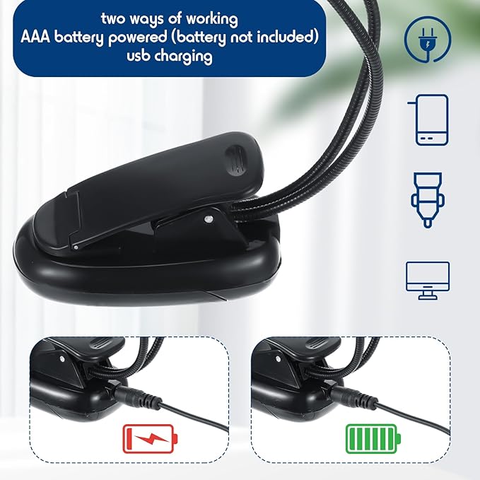 Retisee 6 Pcs Music Stand Clip on Reading Light Dual Heads USB and AAA Battery Operated LED Book Lights in Bed 3 Brightness Levels Ideal for Musician, Battery Not Included (Double-arm Style)