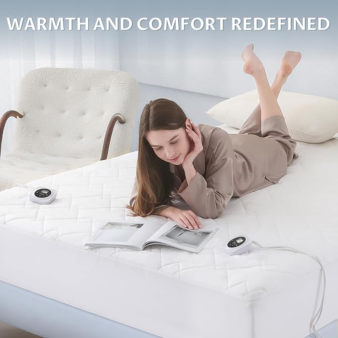 Queen Size Electric Heated Mattress Pad - Quilted Bed Warmer with Memory & Preheat Functions, 12 Heat Settings Dual Control for 1-12 Hours Auto Off, Lighted Button