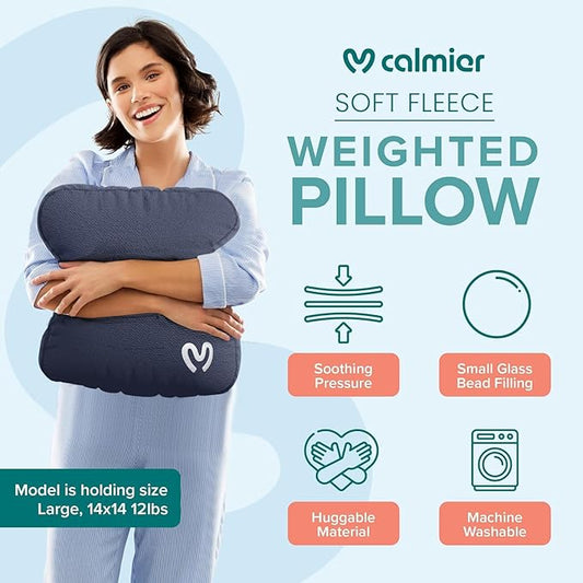 Calmier - 12 lb Sensory Weighted Pillow - Glass Bead Filled Hug Pillow - Ultra Plush Cozy Weight Sensory Pillows for Adults and Kids - Weighted Lap Pad (Blue- Fleece, 12 LBS)