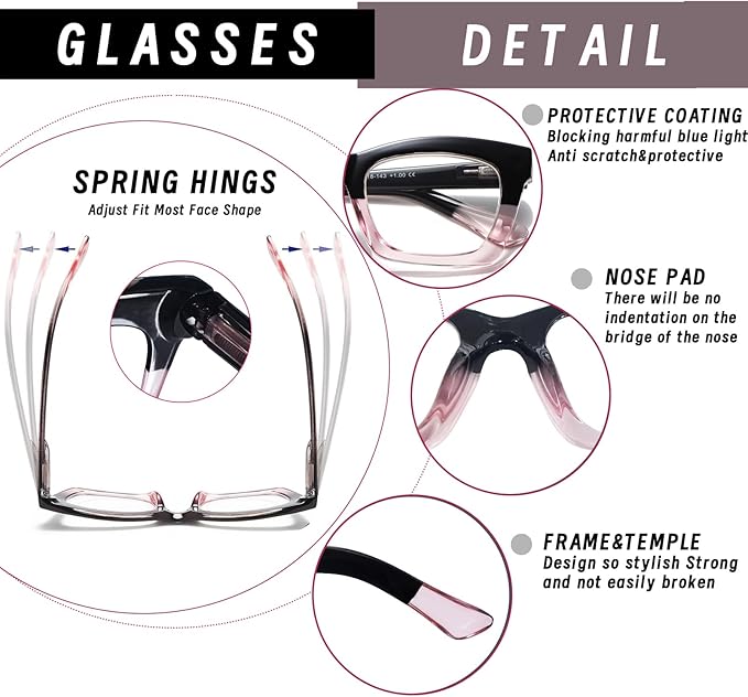 Hubeye Oprah Style Reading Glasses for Women Men Blue Light Blocking Computer Square Readers with Spring Hinge