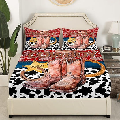 Western Cowboy Fitted Sheet American Tribal Boots Horseshoe Retro Bed Sheet Set for Kids Children Teens Red Boho Paisley Rustic Cowhide Patchwork Bed Cover Toddler Bedroom Decor,Twin Size