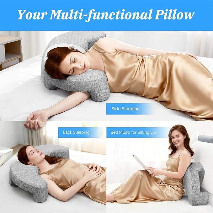 Side Sleeper Pillow with Arm Channel for Shoulder, Neck & Rotator Cuff Pain Relief, Memory Foam Cervical Neck Pillow Also Comfortable for Back Sleepers (Gray & White)