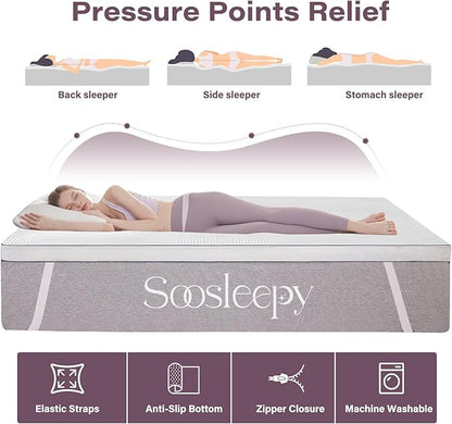 2 Inch Memory Foam Mattress Topper Queen Size with Removable Soft Cover Ventilated Breathable Cooling Mattress Pad Bed Topper for Back Pain and Pressure Relief, CertiPUR-US Certified