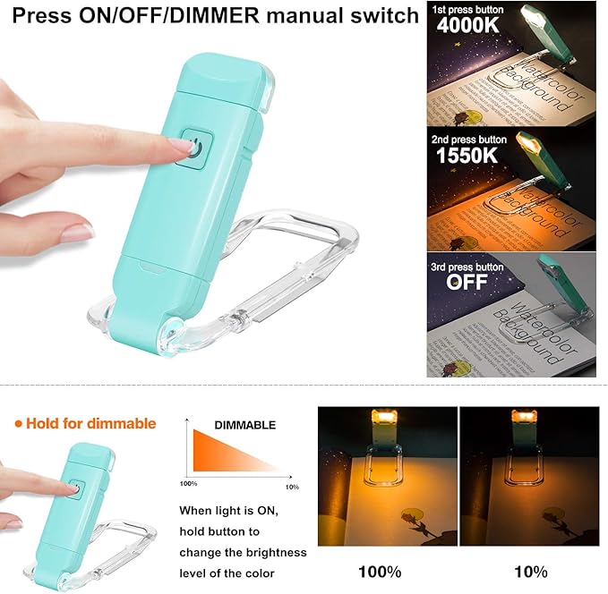 LUXSWAY USB Rechargeable Book Light for Night Reading in Bed,Clip on LED Reading Light,Portable Bookmark Light with Brightness Adjustable for Eye-Protection,Warm White and Amber LEDs