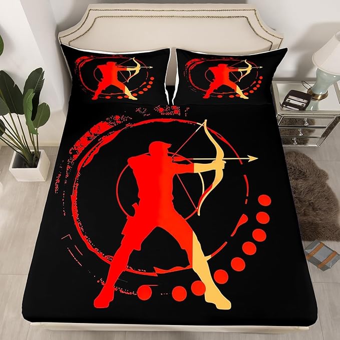 Manfei Archery Fitted Sheet Twin Size, Archery Athletes Silhouette Print Bedding Set 2pcs, Sports Theme Bed Cover with 1 Pillowcase, Kids Boys Teens Room Decor, Soft Bedding(No Top Sheet)