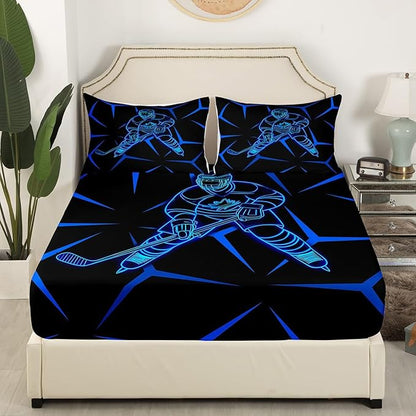 Manfei Ice Hockey Player Kids Sheet Full Size,Geometric Triangles Lines Bedding Set,Boys Girls Room Decor,Winter Competition Sports Games Blue Black Bed Sheet Set 4pcs(Fitted + Flat + 2 Pillowcases)