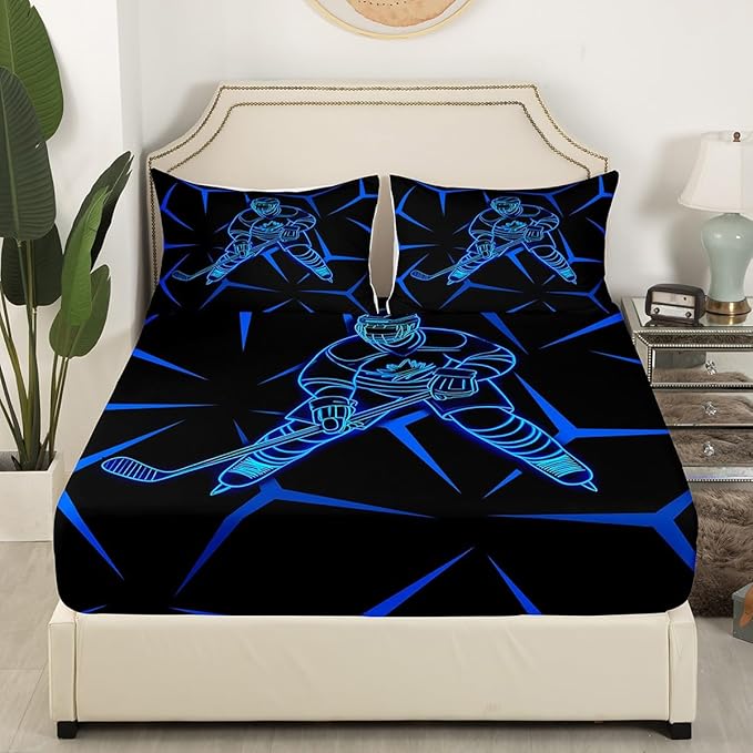 Manfei Ice Hockey Player Kids Sheet Queen Size,Geometric Triangles Lines Bedding Set,Boys Girls Room Decor,Winter Competition Sports Games Blue Black Bed Sheet Set 4pcs(Fitted + Flat + 2 Pillowcases)