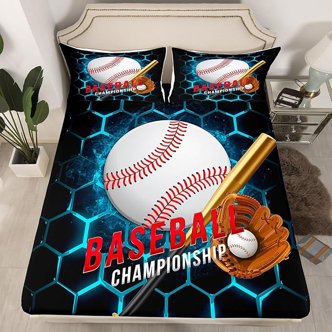 Manfei Baseball Sheet Set Queen Size, Sports Themed Bedding Set for Kids Boys Adults Room Decor, Blue Honeycomb Geometric Bed Sheet Set 4pcs with Deep Pocket Fitted Sheet + Flat Sheet + 2 Pillowcases