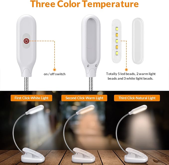 LEPOWER Clip on Book Light/Reading Light/Clip Light with 5 LED Eye Care, 3 Color Changeable, Portable Reading Lamp, Battery Operated, Bed Lights for Kids, Bookworms, Students(White)