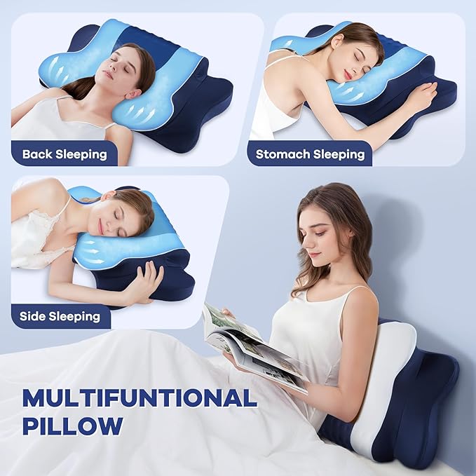DONAMA Cervical Neck Pillow for Pain Relief, Orthopedic Contour Neck Pillow with Memory Foam Ergonomic Pillows with Dual Heights for Back, Stomach and Side Sleepers (Dark Blue)