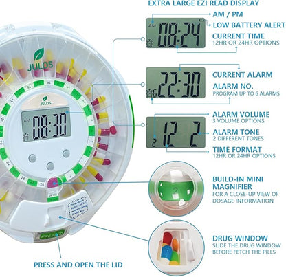 JULOS 28-Day Automatic Pill Dispenser with Audio & Visual Alerts for Elderly, up to 6 Alarms/Day, Easy-Read LCD Display, 9 Dosage Templates, Lock Medicine Dispenser for Medication, Vitamins, Clear Lid