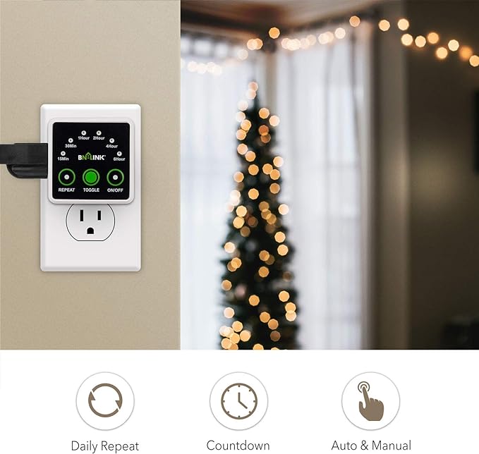 BN-LINK Smart Digital Countdown Timer, Repeat Cycle Timer with 3-Prong Grounded Outlet for Lamps, Light and Home Appliances, 15A/1875W ½ HP