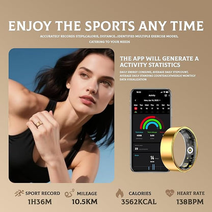 Smart Ring for Women & Men- Health Fitness Tracker with HRV/Sleep Monitoring/Step Counter/Calorie&Distance Tracking, 7-Day Battery，Remote Photo,Menstrual Cycle,Sport Smart Ring (Gold, #10)