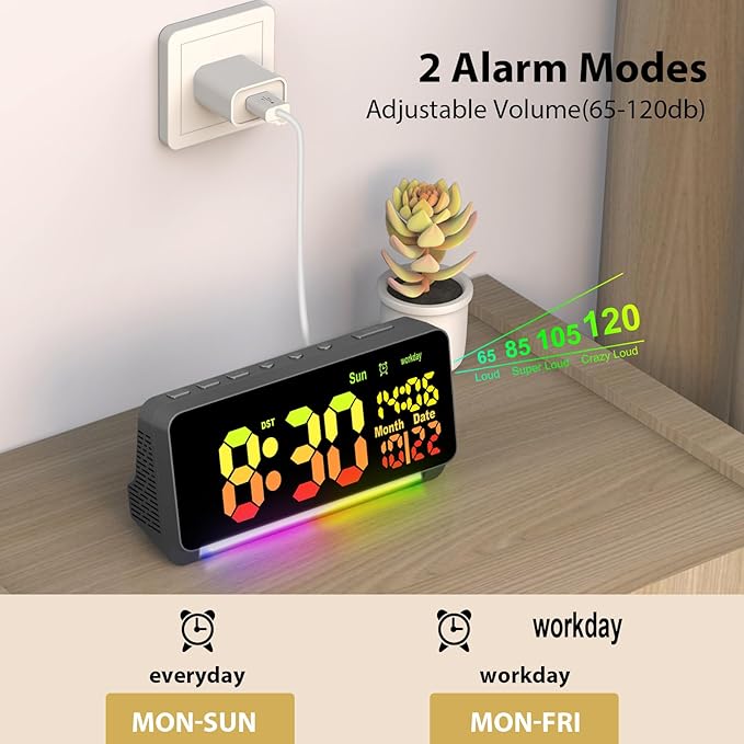 Samshow 120db Super Loud Alarm Clock Heavy Sleepers Adults, Loud Alarm Clock Bluetooth Sync Time,15 Wake Up Sounds, 7 Color Night Light, Dynamic RGB Color, 0-100% Dimmer, Snooze,DST, LED Dispay