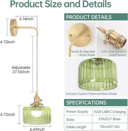 Battery Operated Wall Sconce with Green Striped Shade Pattern Glass Adjustable Chain Retro Gold Wall Mounted Light, Modern Wall Lamp Fixtures Decor for Bedside Bedroom Indoor Doorway