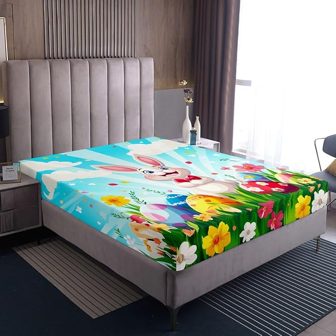 Happy Easter Bed Sheet Queen Size Funny Rabbit Easter Egg Bedding Set Spring Flowers Cute Animal Fitted Sheet Kids Boys Girls Room Decor Blue Colorful Soft Sheets with 2 Pillowcase,No Top Flat
