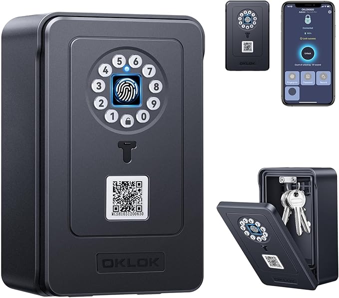 Smart Key Lock Box, ELECTOP Fingerprint Lock Box Bluetooth Key Box with App Control & Passcode, Waterproof Wall Mounted & Door Hanging Security Key Lock Box for House Key, Realtor, Office, Garage