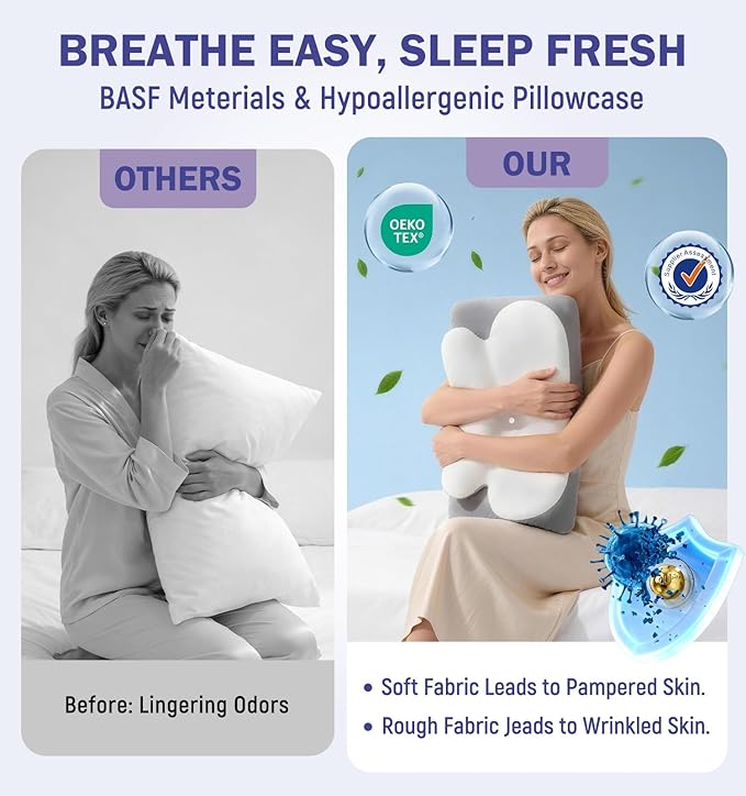 Cooling Cervical Pillow for Neck and Shoulder Pain Relief, Ergonomic Contour Memory Foam Neck Pillow, 2-in-1 Dual Height Orthopedic Bed Pillows for Side Back Stomach Sleepers, Washable Cover