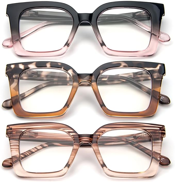 KoKoBin 3 Pack Stylish Square Frame Oprah Style Reading Glasses for Women, Blue Light Blocking Comfortable Readers