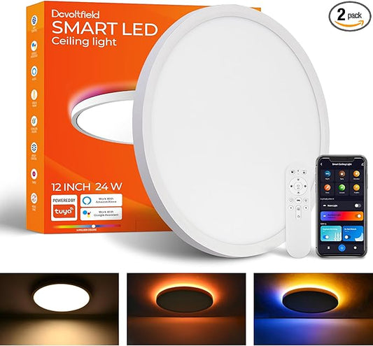 2 Pack Smart RGB Ceiling Light with Remote, 24W 2400LM, 12 Inch LED Flush Mount Ceiling Light Works with Alexa Google Home, Dimmable&2700K-6500K, Low Profile Wired Light for Bedroom Kitchen