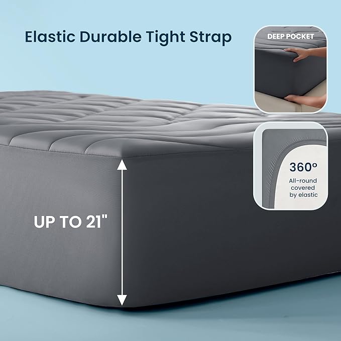 Sleep Zone Cooling Mattress Pad Twin, Support Mattress Topper, Breathable and Soft Mattress Protector, Deep Pocket Bed Cover, Machine Washable (Dark Grey, Twin)