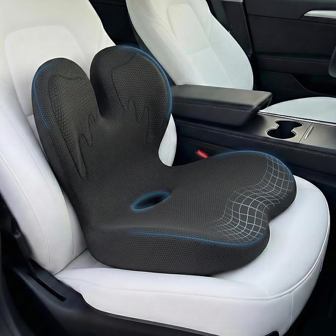 Trucker Seat Cushion, Car Seat Cushion Memory Foam Ergonomic Lumbar & Tailbone Support Pillow for Hemorrhoid, Coccyx & Sciatica Relief, for RV, SUV, Office Chair, Wheelchair (Black Embroider)