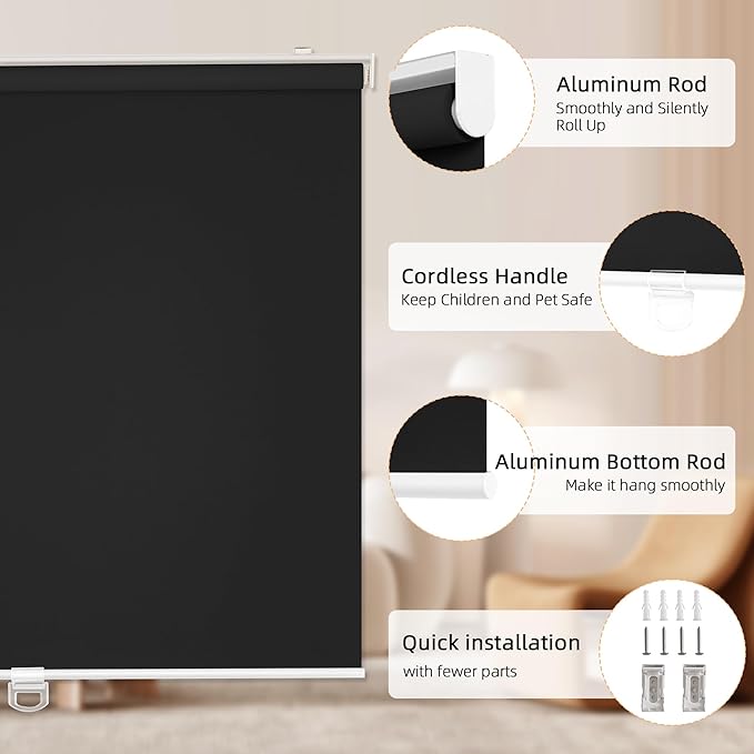 ChrisDowa Cordless Blackout Roller Shades for Windows, Thermal Insulated UV Protection Pull Down Shades, Total Blackout Window Blinds for Home, Office, Bedroom, Door (43" W x 72" H, Black)