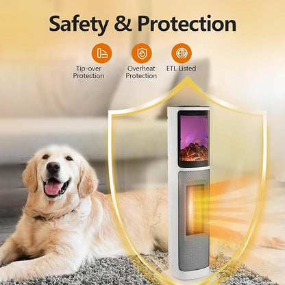 750W/1500W Ceramic Tower Space Heater with 3D Flame, Electric Heater with 65° Oscillation, Adjustable Thermostat and Remote Control, 12H Timer, Overheat Protection for Bedroom Office