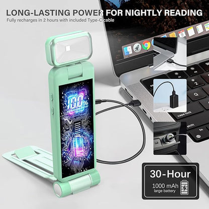 Rechargeable Clip-On Book Light with Battery Indicator - 9 Modes (3 Color × 3 Brightness), USB-C Fast Charge, Ultralight 1.6 oz & 0.49" Slim, Bed Reading Lamp Stocking Stuffer for Book Lovers, Green